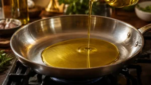 Olive oil warming in a skillet on low heat