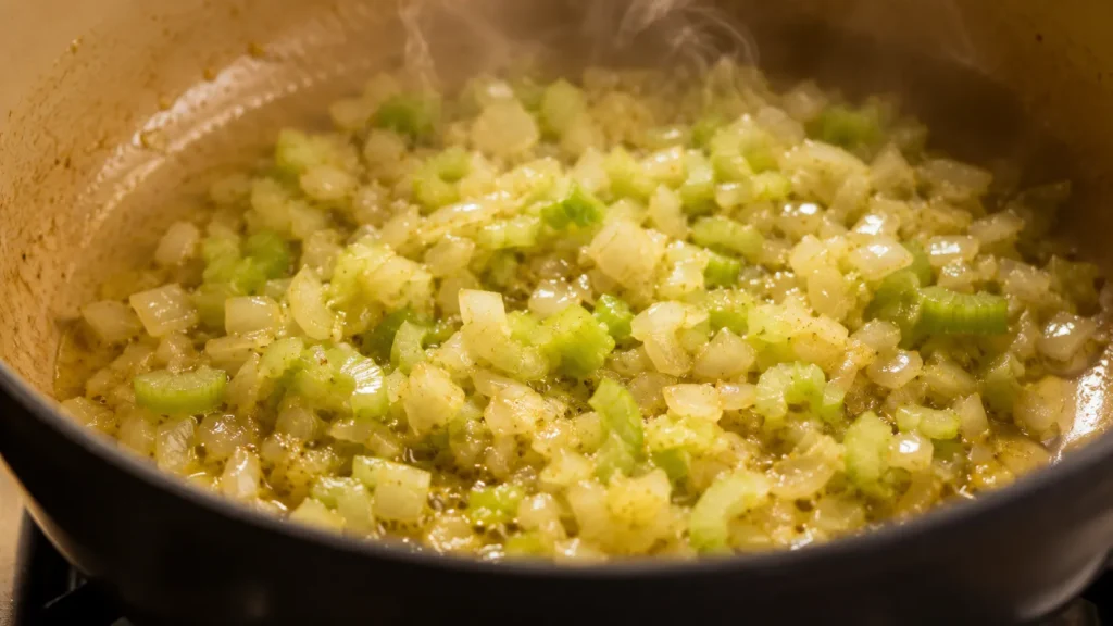 Onions and celery softening in butter