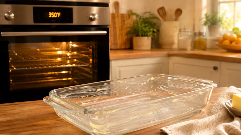 Oven preheating with buttered baking dish nearby