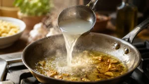 Pasta water poured into hot garlic oil pan