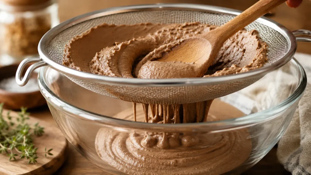 Pate being strained through a fine mesh strainer