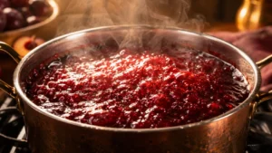 Plum jam at rolling boil