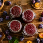 Plum jam jars with fresh plums