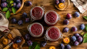 Plum jam jars with fresh plums