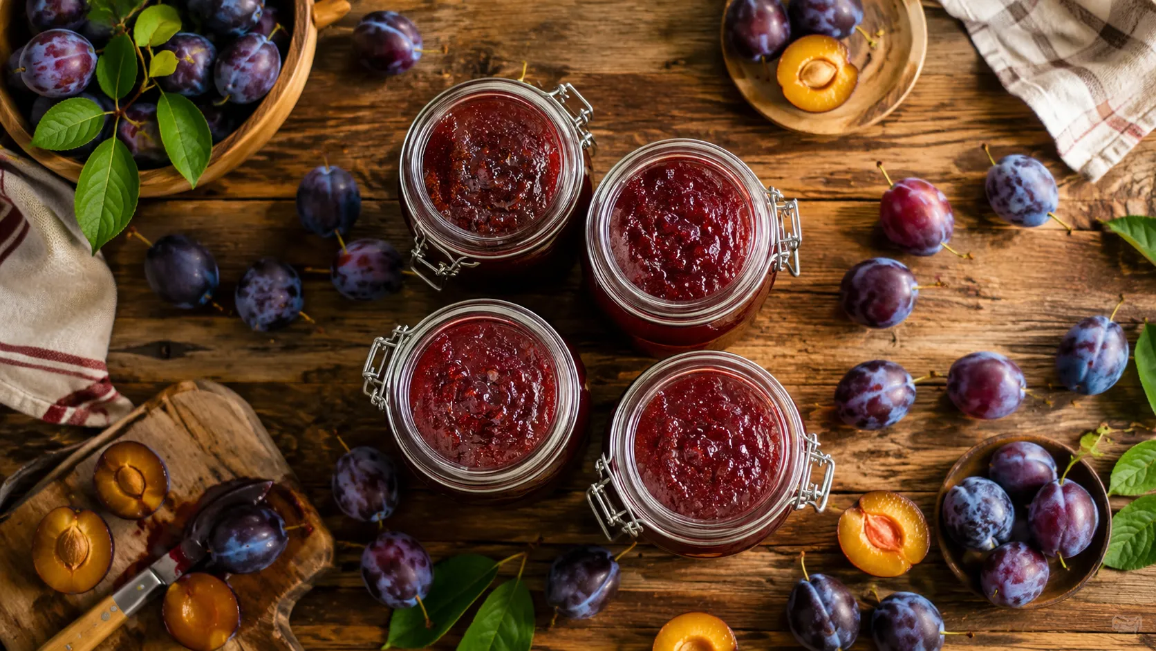 Plum jam jars with fresh plums