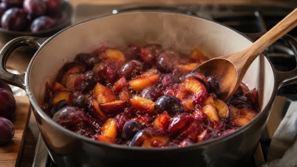 Plums simmering in pot