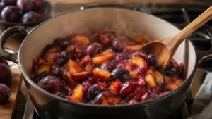 Plums simmering in pot
