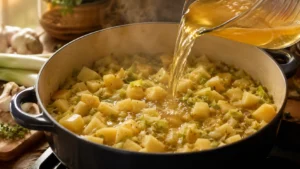 Potatoes and broth added to the pot