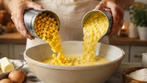 Pouring canned corn into mixing bowl