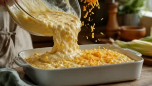 Pouring corn casserole batter into baking dish