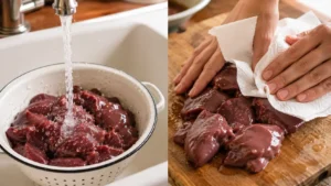 Raw chicken livers being rinsed and cleaned on a cutting board