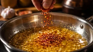 Red chili flakes added to garlic oil skillet