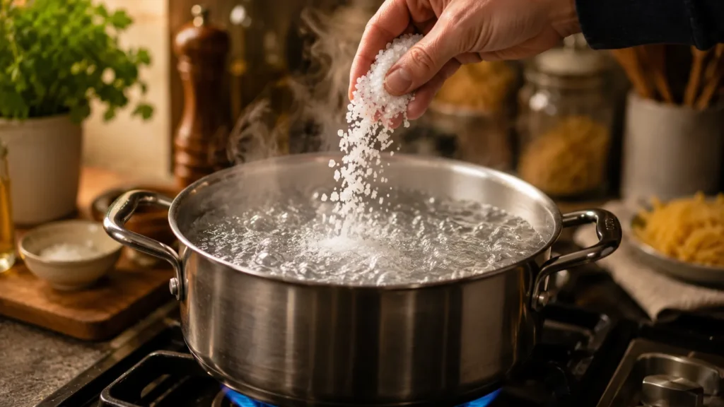 Salt being added to boiling pasta water