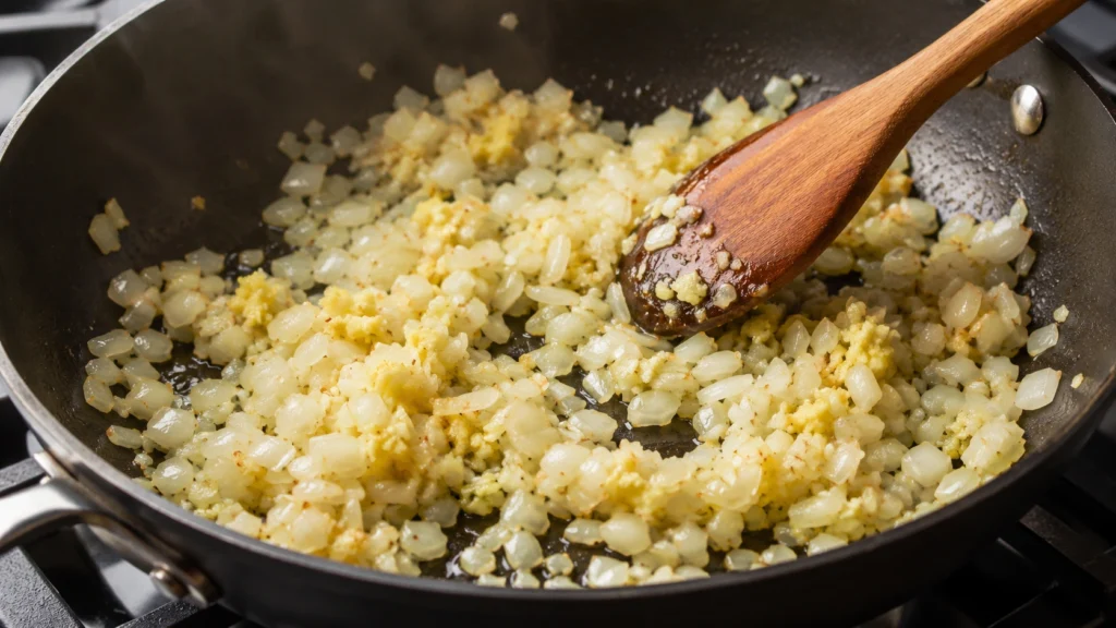 Sautéing Onions Garlic and Ginger for Chicken Curry