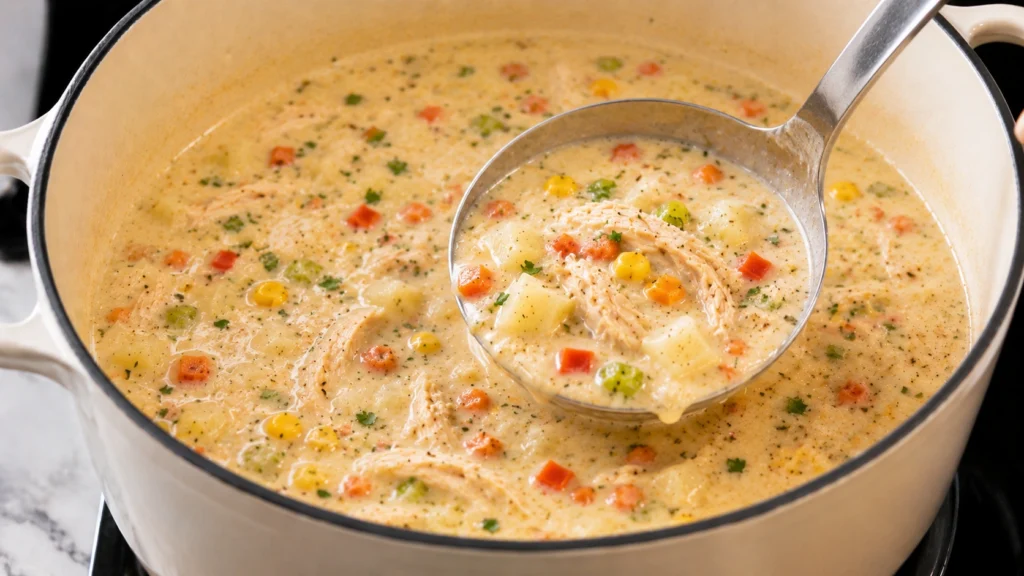 Serving Homemade Chicken Corn Chowder