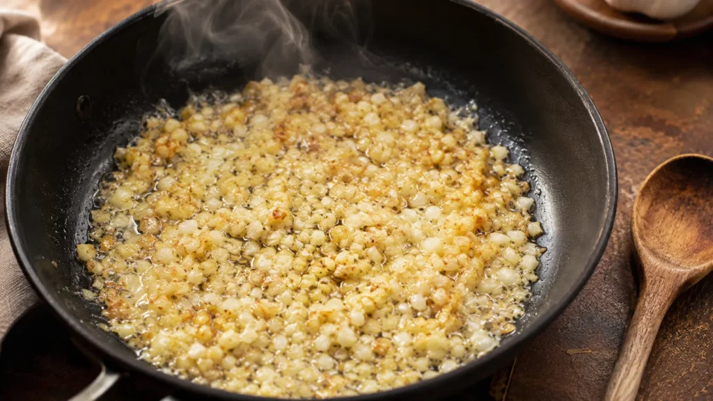 Shallots and garlic softening in a buttered pan