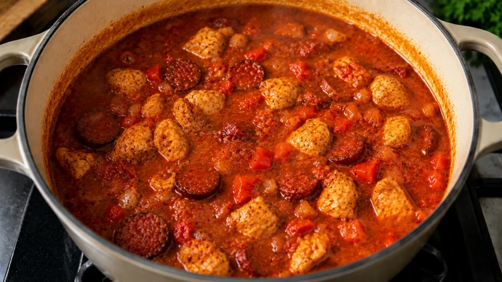 Simmering the Chicken and Chorizo Stew