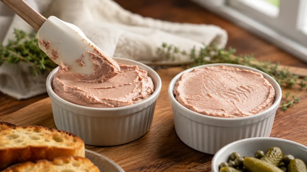 Smooth pate being spooned into white ceramic ramekins