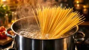 Spaghetti dropped into boiling salted water
