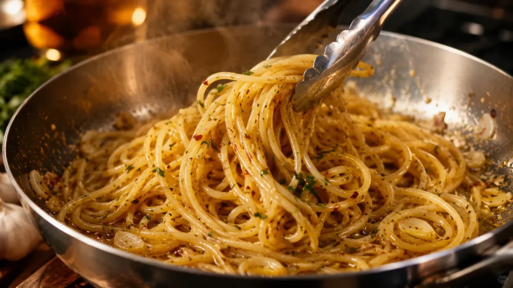 Spaghetti tossed in golden garlic olive oil