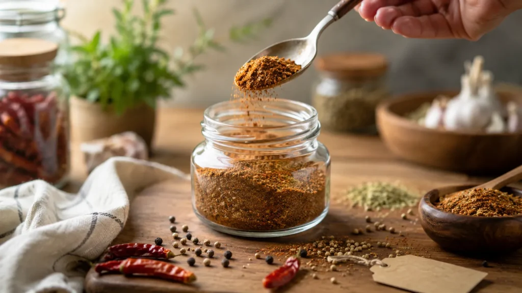 Spooning homemade seasoning into glass jar