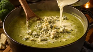 Stilton cheese melting into broccoli soup
