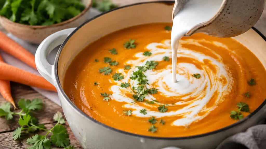 Stirring Coconut Milk and Fresh Coriander Into the Soup