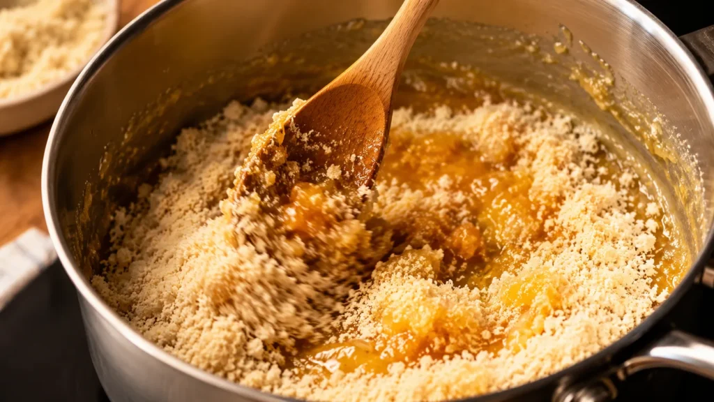 Stirring breadcrumbs into syrup