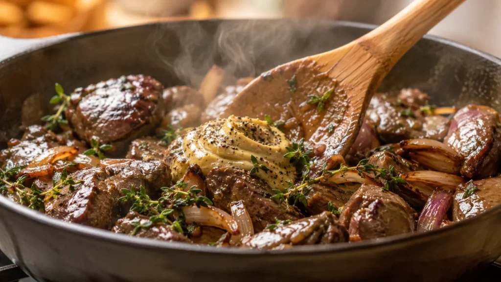 Thyme and mustard being stirred into cooked livers