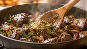 Thyme and mustard being stirred into cooked livers