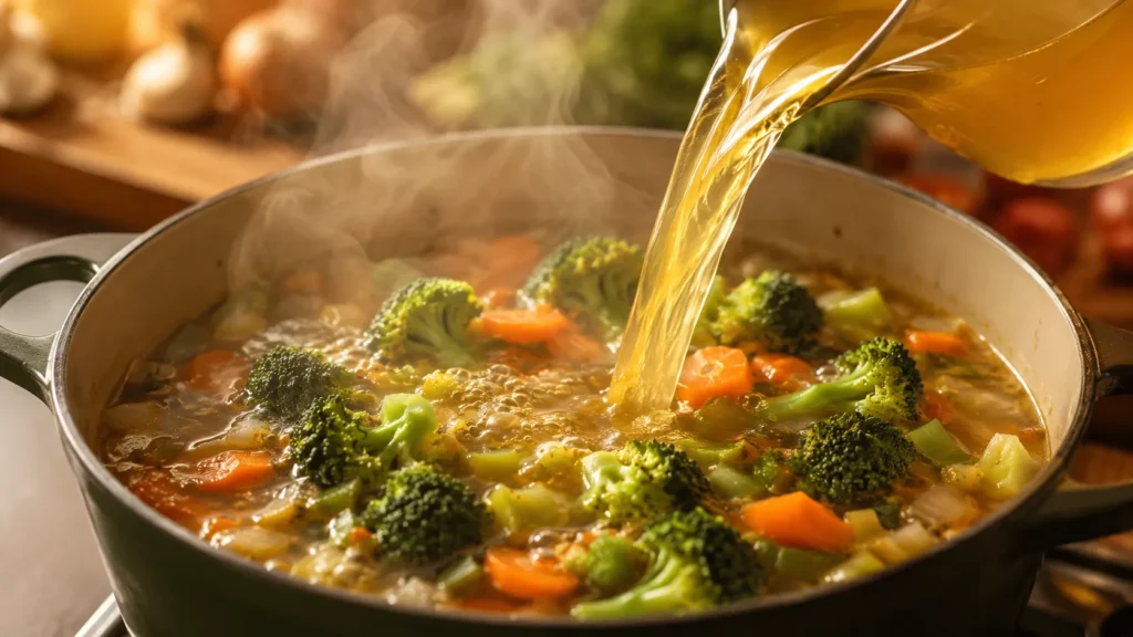 Vegetable stock poured over broccoli