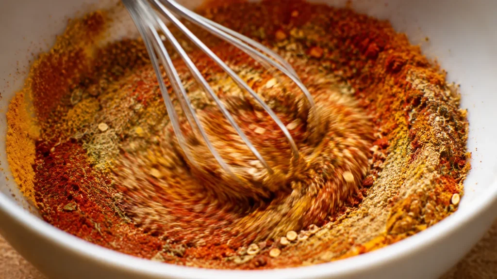Whisk blending spice mixture in bowl