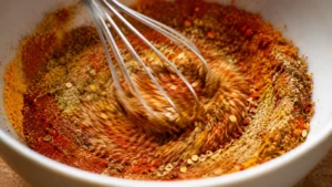 Whisk blending spice mixture in bowl