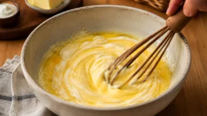 Whisking eggs, butter, and sour cream in a bowl