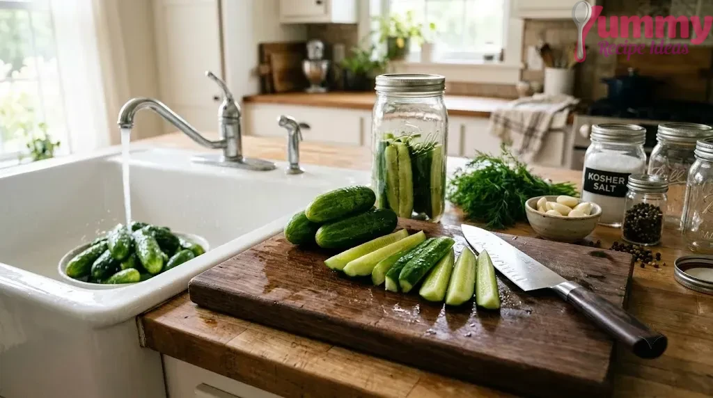 Preparing Cucumbers for Grillos Pickle Recipe