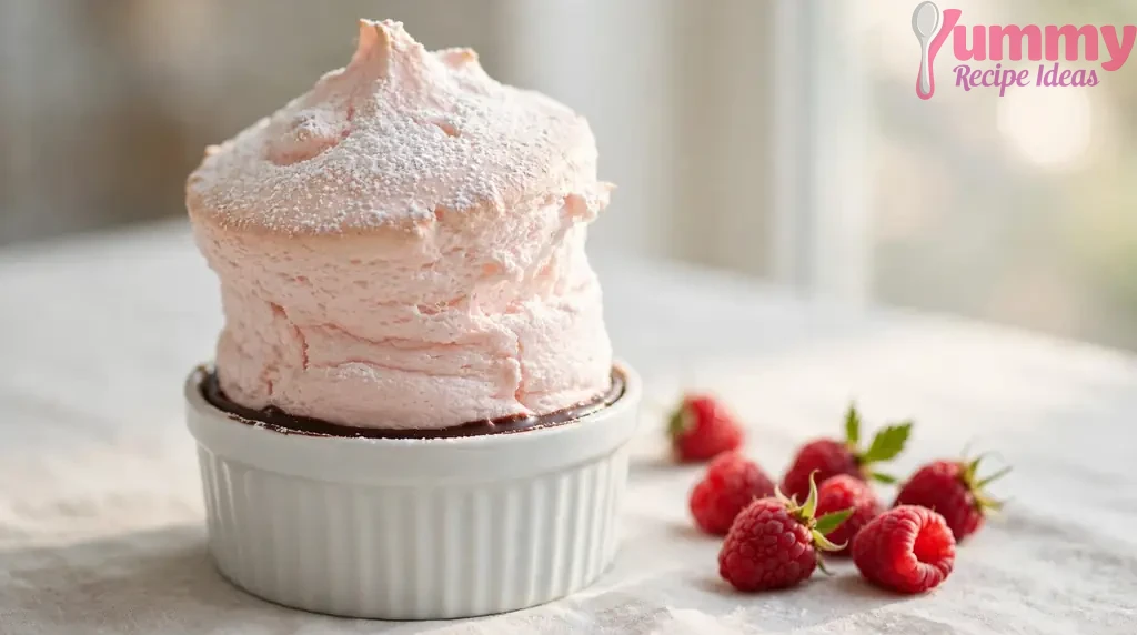 Gordon Ramsay raspberry soufflé risen tall above a white ramekin, dusted with icing sugar, with dark chocolate lining visible at the rim and fresh raspberries on the side