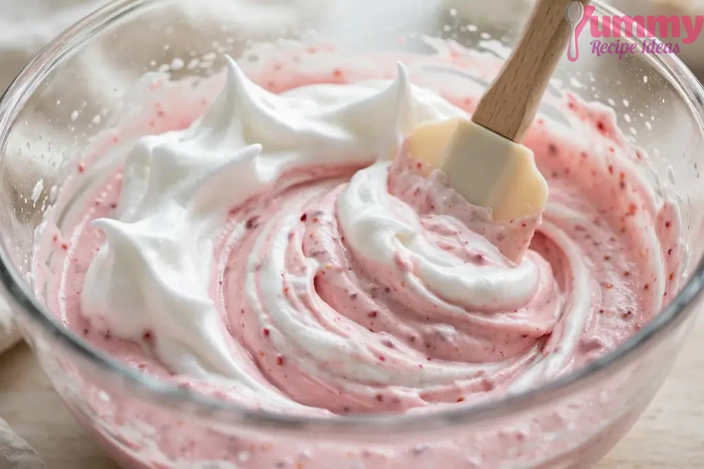 Glossy stiff-peaked egg whites being folded with a spatula into pale-pink raspberry soufflé base in a glass bowl, white and pink swirls not yet combined