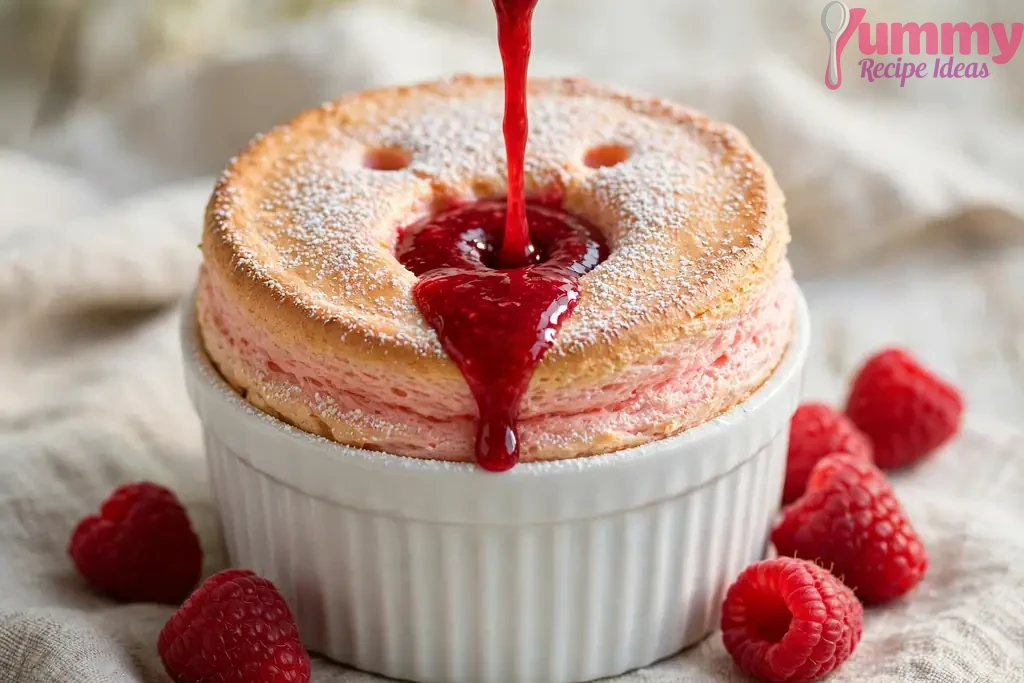 Tall golden-pink raspberry soufflé in a white ramekin with glossy red raspberry coulis being poured into the center, dusted with icing sugar, fresh raspberries on the side