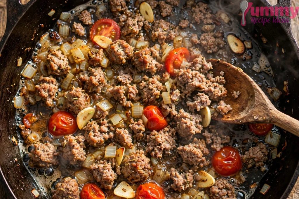 Browning Italian sausage meat with onions and garlic in a skillet