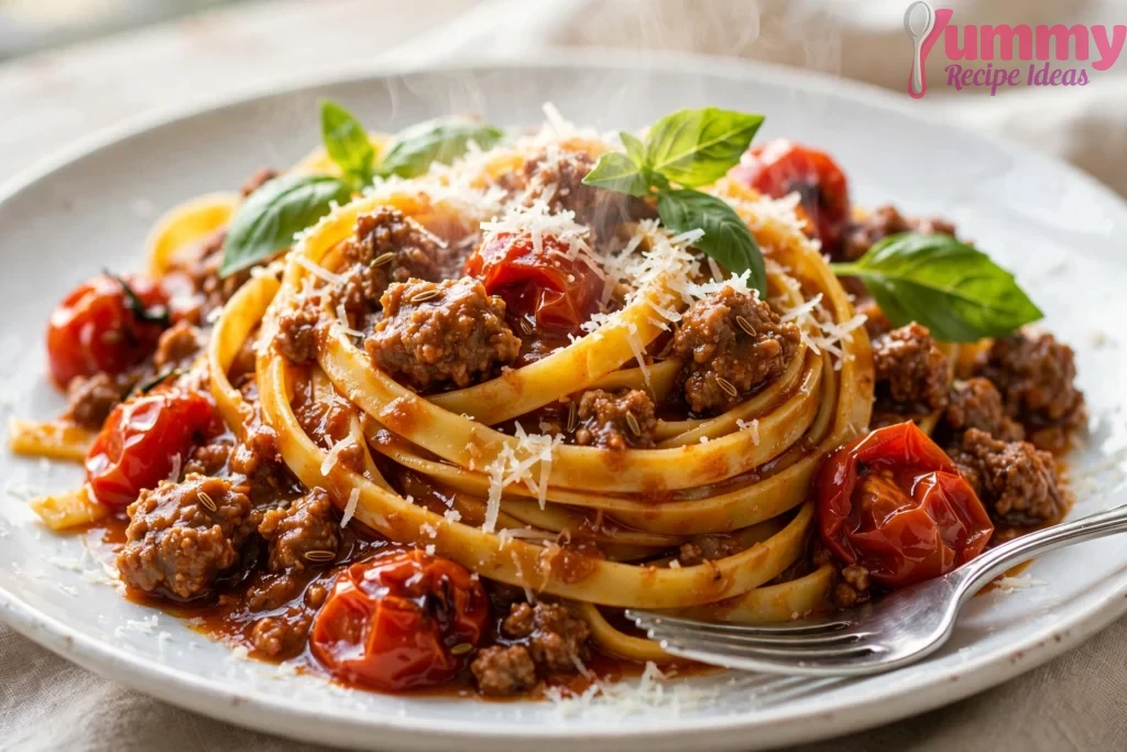 Sausage bolognese sauce with burst cherry tomatoes in a skillet