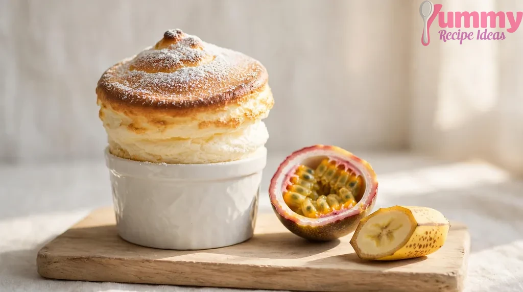 Passion fruit soufflé risen tall above its ramekin, dusted with powdered sugar and golden on top, with halved passion fruit nearby
