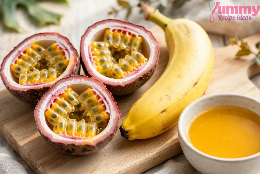 Halved passion fruit with bright golden pulp, a ripe banana, and a small bowl of freshly strained passion fruit juice on a wooden board