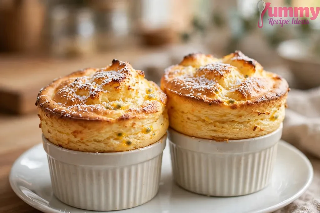 Two golden passion fruit soufflés risen tall above their ramekins on a plate, dusted with powdered sugar