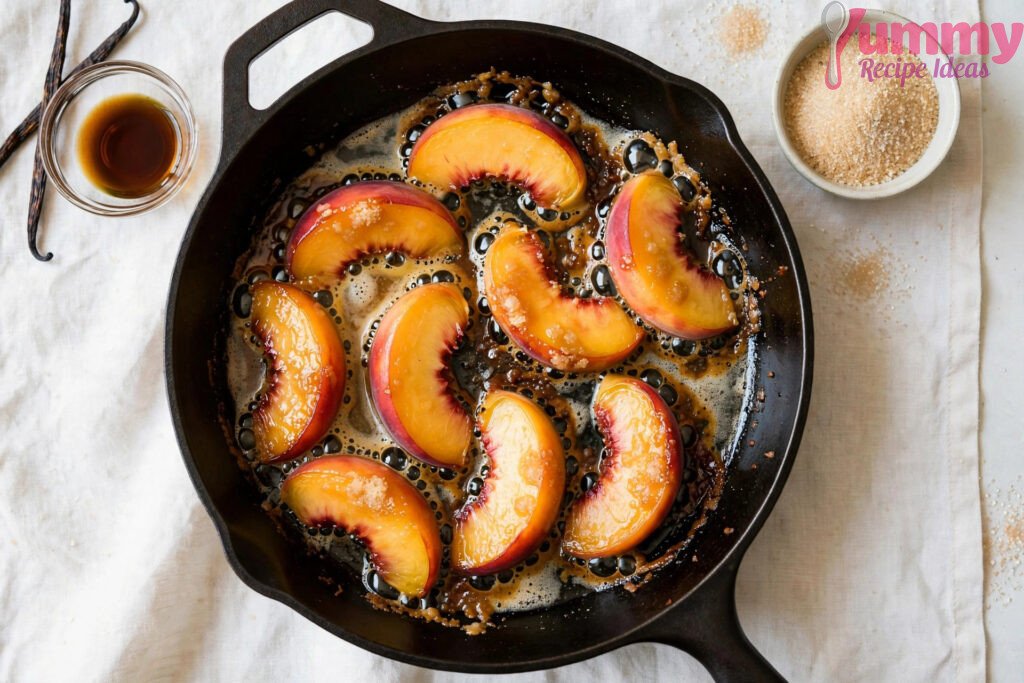 Ripe peach wedges being pan-roasted in a skillet with melted butter and sugar