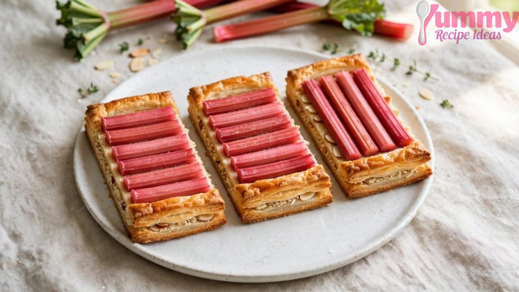 Golden puff-pastry rhubarb tart with pink rhubarb rows on a white plate