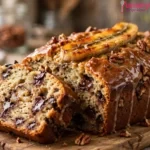 Golden banana bread loaf with melted dark chocolate chips, toasted pecans and a caramelized banana on top, one slice leaning against the loaf