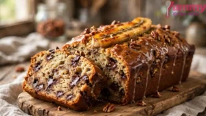 Golden banana bread loaf with melted dark chocolate chips, toasted pecans and a caramelized banana on top, one slice leaning against the loaf