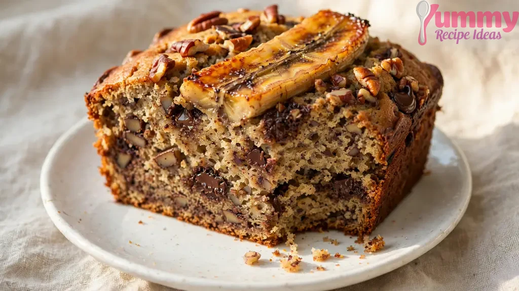 Thick slice of banana bread on a white plate showing melted chocolate chips and pecans in a moist crumb