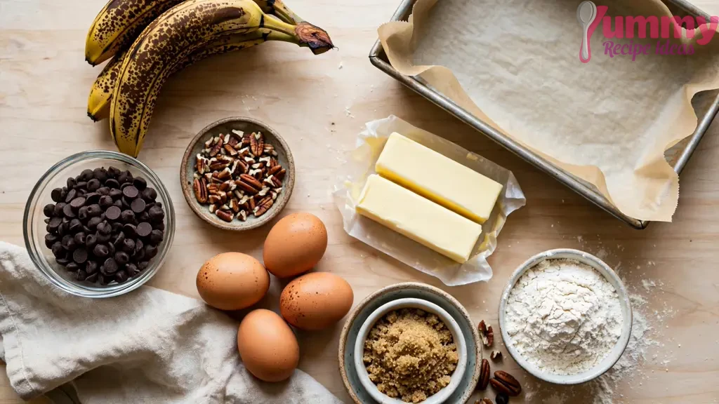 Ingredients for banana bread laid out on a wooden table: overripe spotted bananas, dark chocolate chips, pecans, eggs, butter, brown sugar and flour