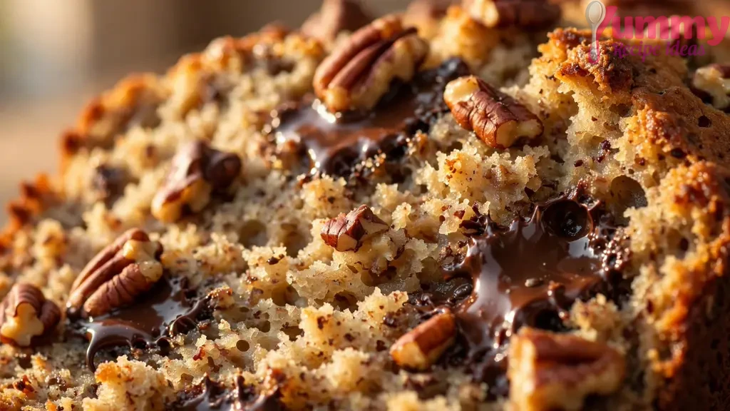 Close-up of banana bread crumb with melted dark chocolate pools and toasted pecan pieces